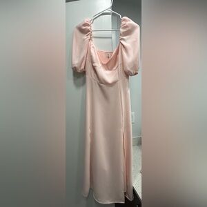 Wilfred Soft Blush Pink Satin Midi Dress with Puff Sleeves